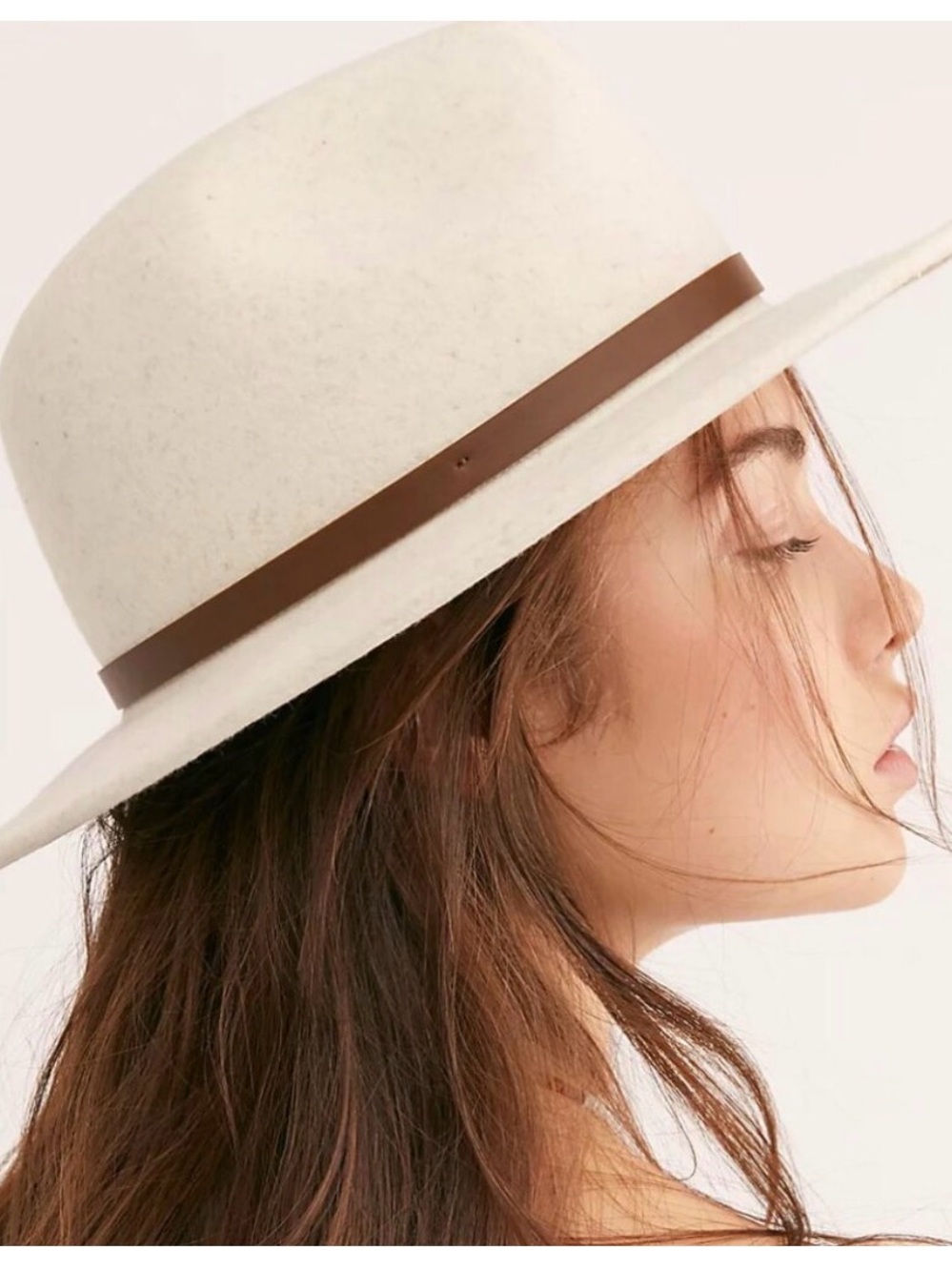 Free People Wythe Ivory White Wool Fedora Hat Wide Brim Brown Leather Band OS